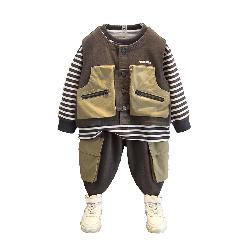 5954 traje de otoño para niños 2024 nuevo abrigo a rayas para niños de tres piezas chaleco coreano de primavera y otoño para bebés