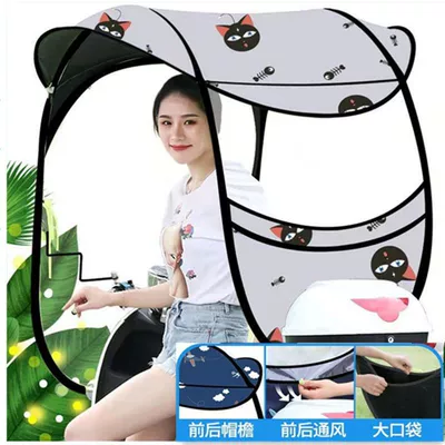 thickened, sun-proof, detachable, universal for | Elektromobil üçün ön şüşə çətiri (günlük) - 15th-generation-dome-retractable-side-wings-front-zipper-little-black-cat-the-car-has-a-rearview-mirror-for-photography