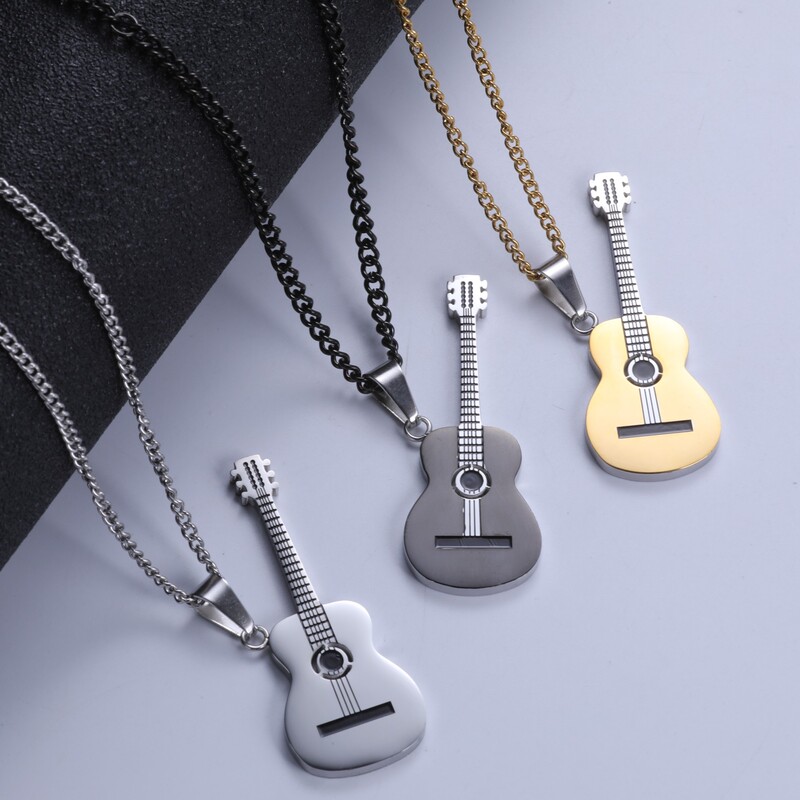 European and American style men's personality fashion music guitar pendant rock style bass accessories characteristic titanium steel necklace European and American style men's personality fashion music guitar pendant rock style bass accessories characteristic titanium steel necklace