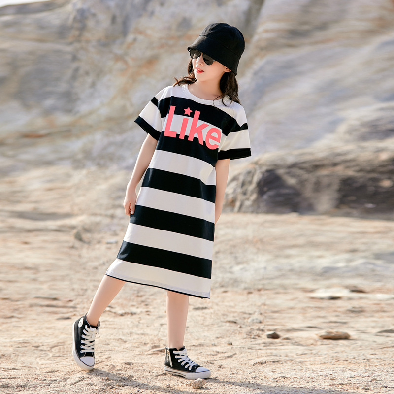 Camiseta de las niñas de manga corta de verano de longitud media estilo occidental a rayas sueltas ropa de verano para niños vestido de moda