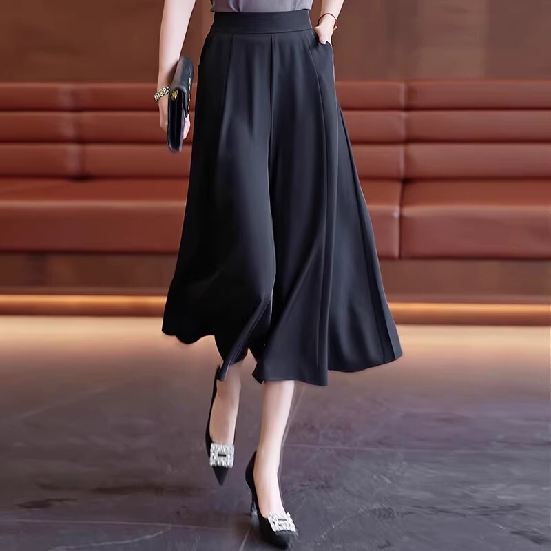 Ice Silk Wide-Leg Cropped Pants for Women 2025 Summer New High-Waisted Draped Large Size Casual Pants Loose Thin Culottes