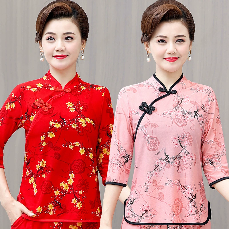 Среднего и пожилого возраста летняя одежда мамы чонсам воротник маленькая рубашка тонкая весной и летом