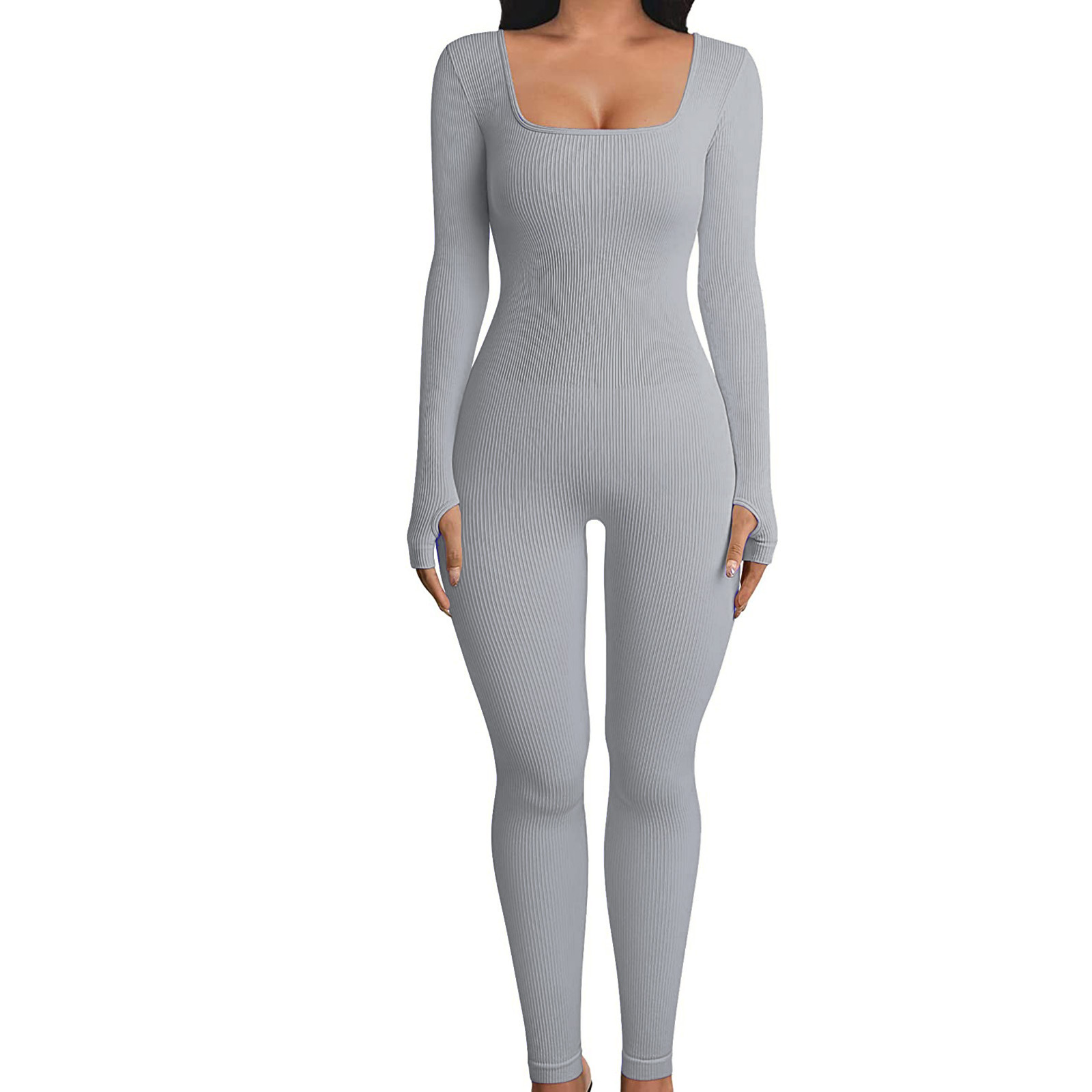 Women's Clothing Fashion Solid Color Sexy Thread Square Neck Tight Hip Lifting Jumpsuit_voghion.com