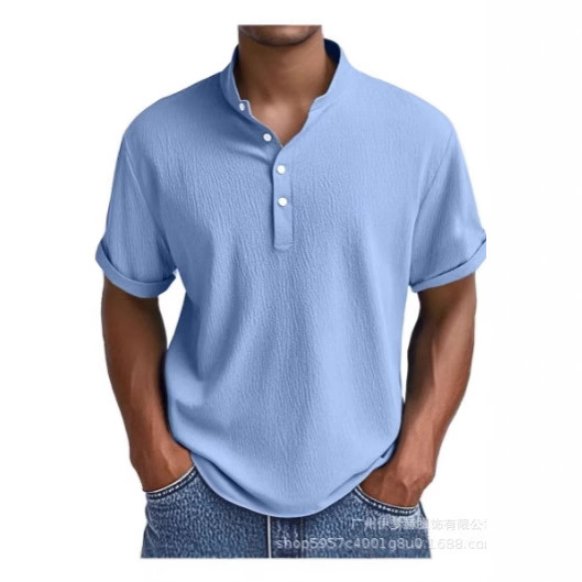 2025 European and American Cross-Border Men's Summer Solid Color Pleated Texture Short-Sleeved Henry Shirt Polo Shirt Breathable Loose Fit