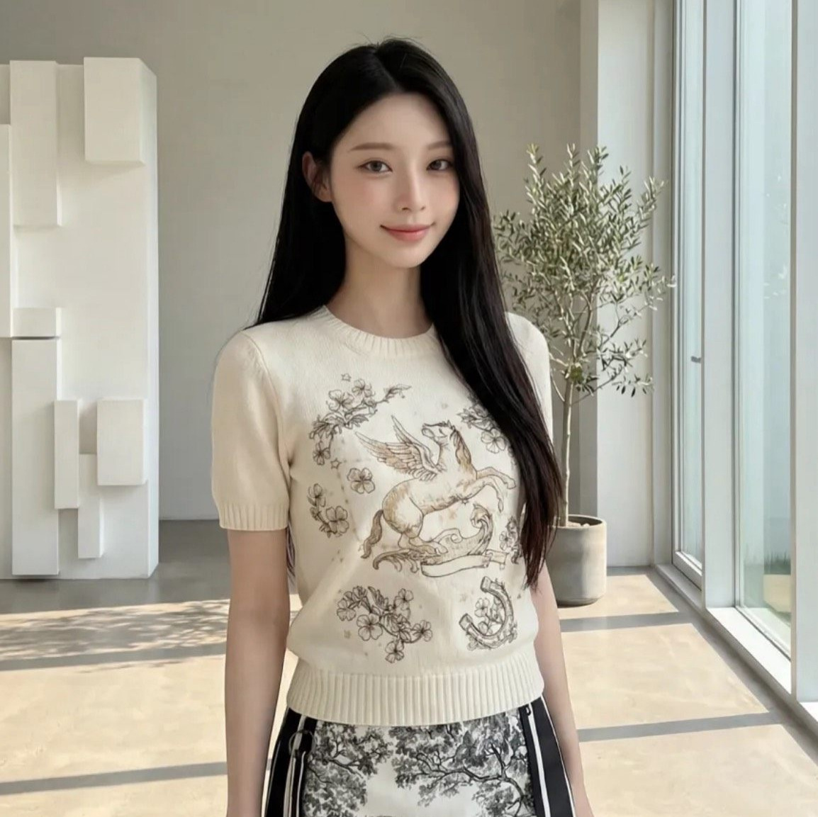 马年小马刺绣针织上衣法式圆领小香风短袖针织衫女26早春新款毛衣