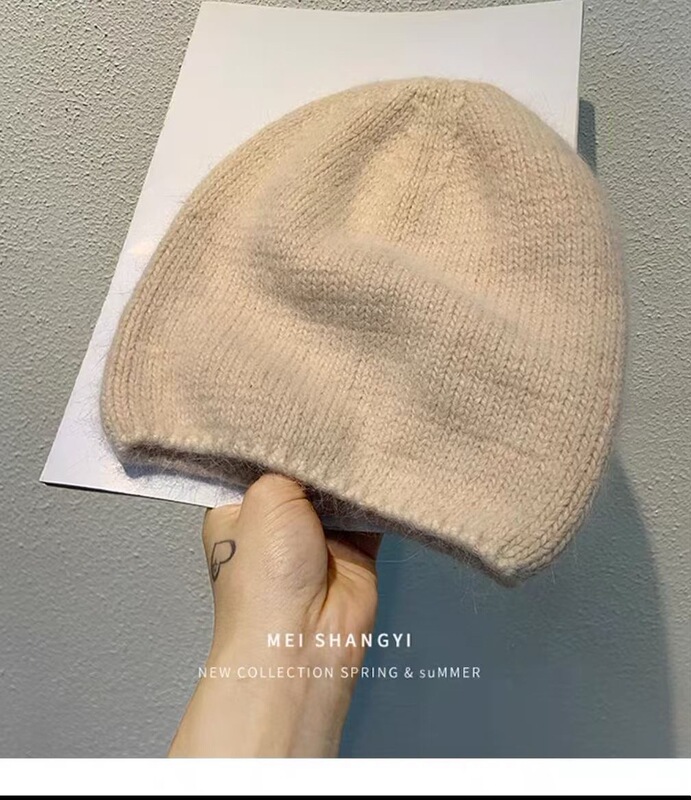 高级感兔毛针织帽显脸小女秋冬保暖百搭网红直筒包头帽堆堆毛线帽|undefined