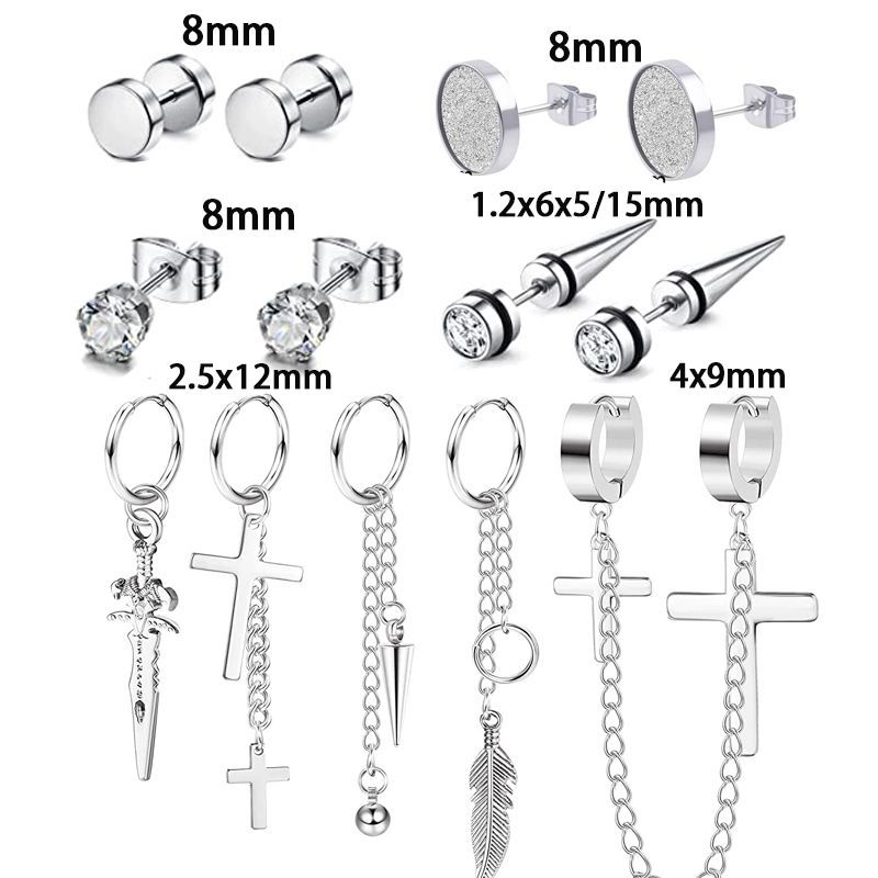17 Pieces Set Men Stud Earrings Stainless Steel Pierced Earrings Set Black Silver Cross Earrings detail image 8
