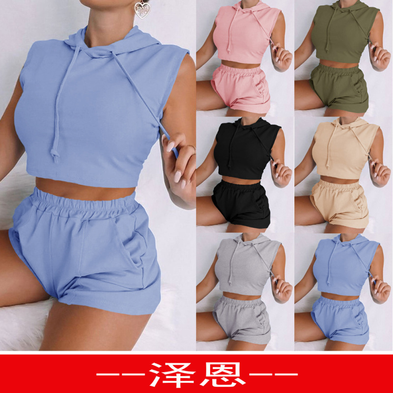 2026 Spring/Summer Cross-Border Women's New Fashion Amazon Ebay Hot-Selling Hooded Vest Pocket Shorts Casual Set