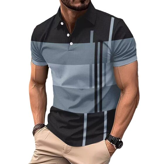 Cross-border Amazon wish summer European and American men's daily leisure striped printed lapel short sleeve polo shirt