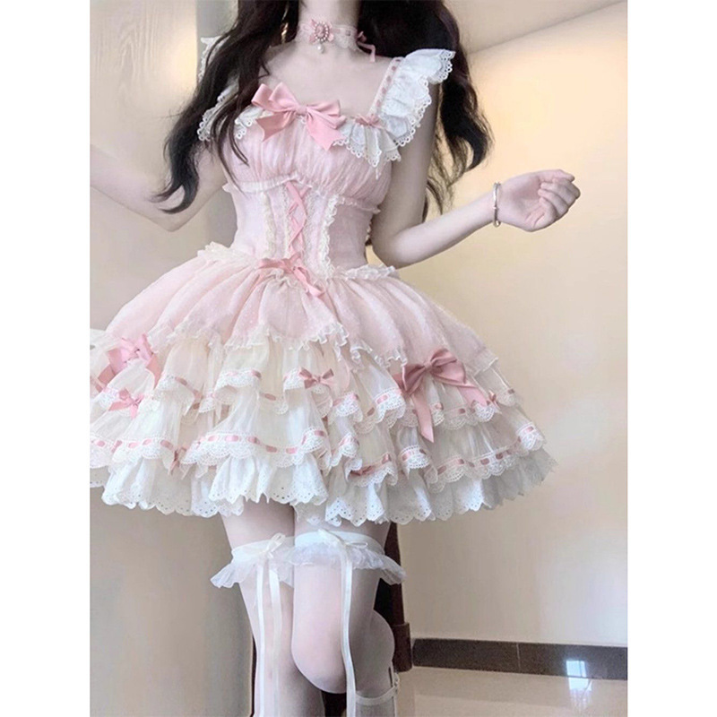 甜美少女可爱Lolita洛丽塔蕾丝连衣裙女夏季收腰公主蛋糕蓬蓬短裙|undefined