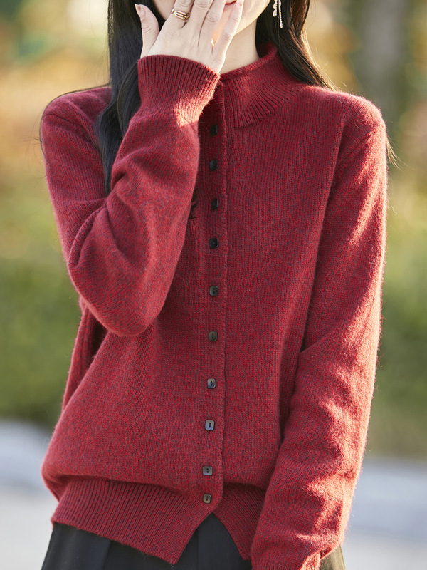 秋冬新款亲肤绒立领纯色花纱针织开衫外套加厚软糯毛衣女时尚外搭|undefined