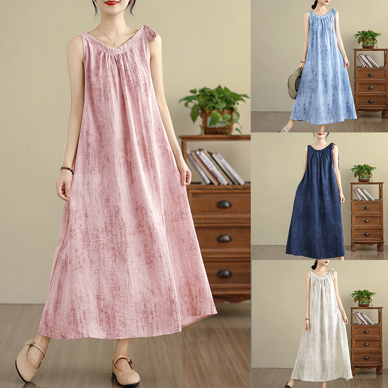 2025 New Summer Cotton and Linen Dress Casual and Versatile Design Tie-Dye Tencel Linen Long Vest Dress