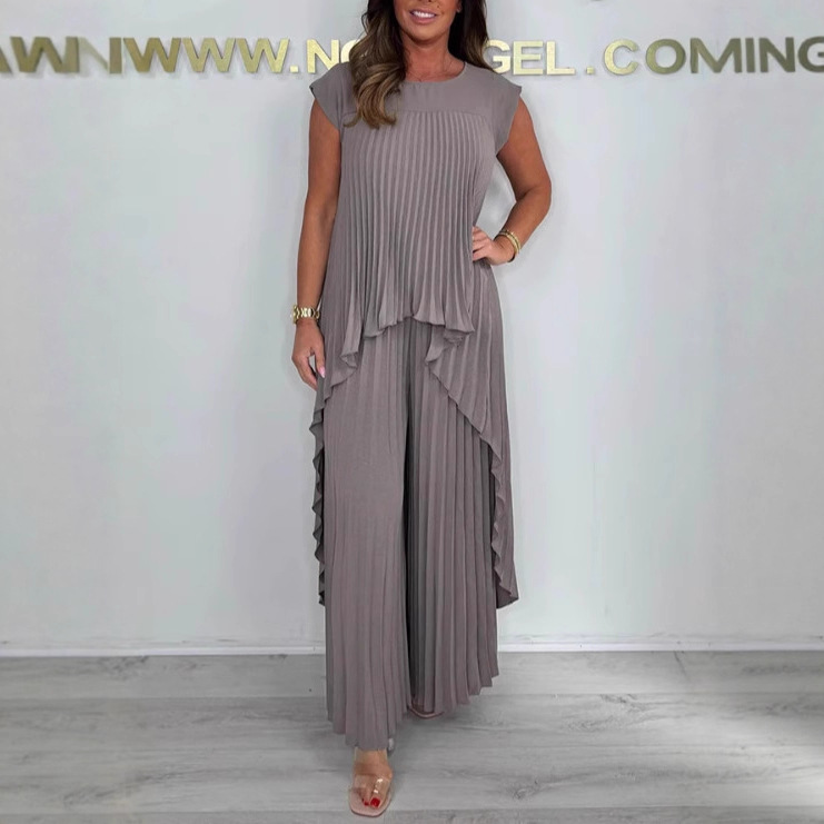 2025 European and American Style Cross-Border Women's Independent Station Round Neck Solid Color Sleeve Top Pleated Straight Pants Suit Two-Piece Set