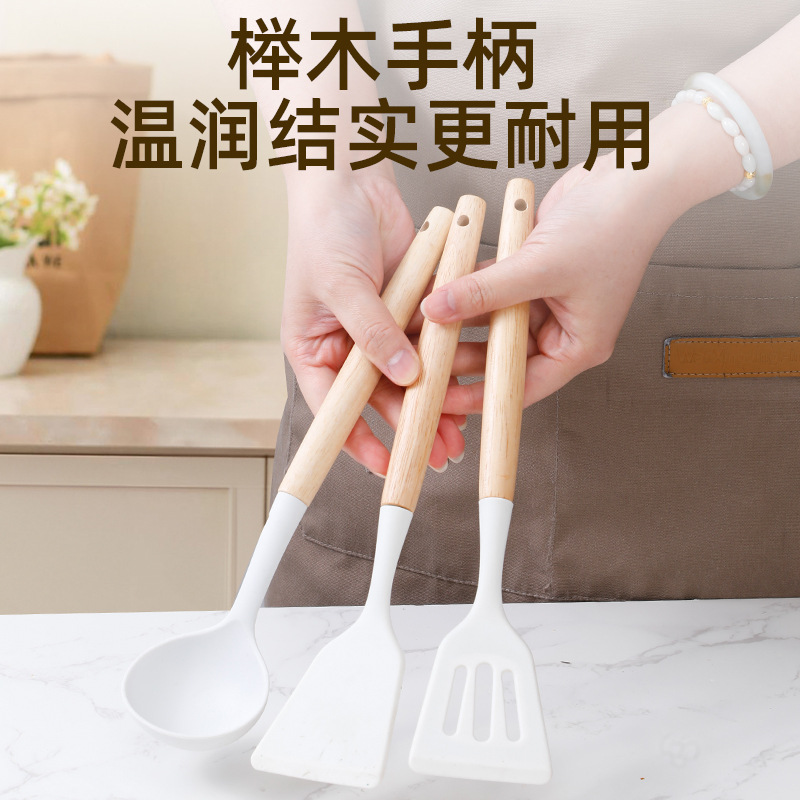 Source Factory Mango de madera Cocina de utensilios de cocina de silicona Juego de 3 piezas de pala, cuchara de sopa, pala de freír, pala, utensilios de cocina resistentes a altas temperaturas