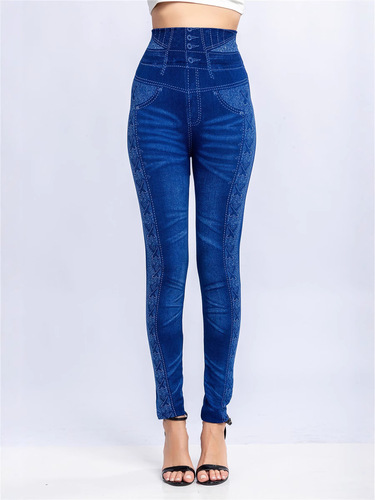 Wish Supply of European and American Women's Print Leggings, Denim Style, 9-inch, Slimming and Body-fitting