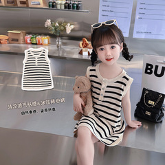 女童針織條紋背心裙2024夏季新款洋氣時髦兒童裝女寶寶甜美連衣裙