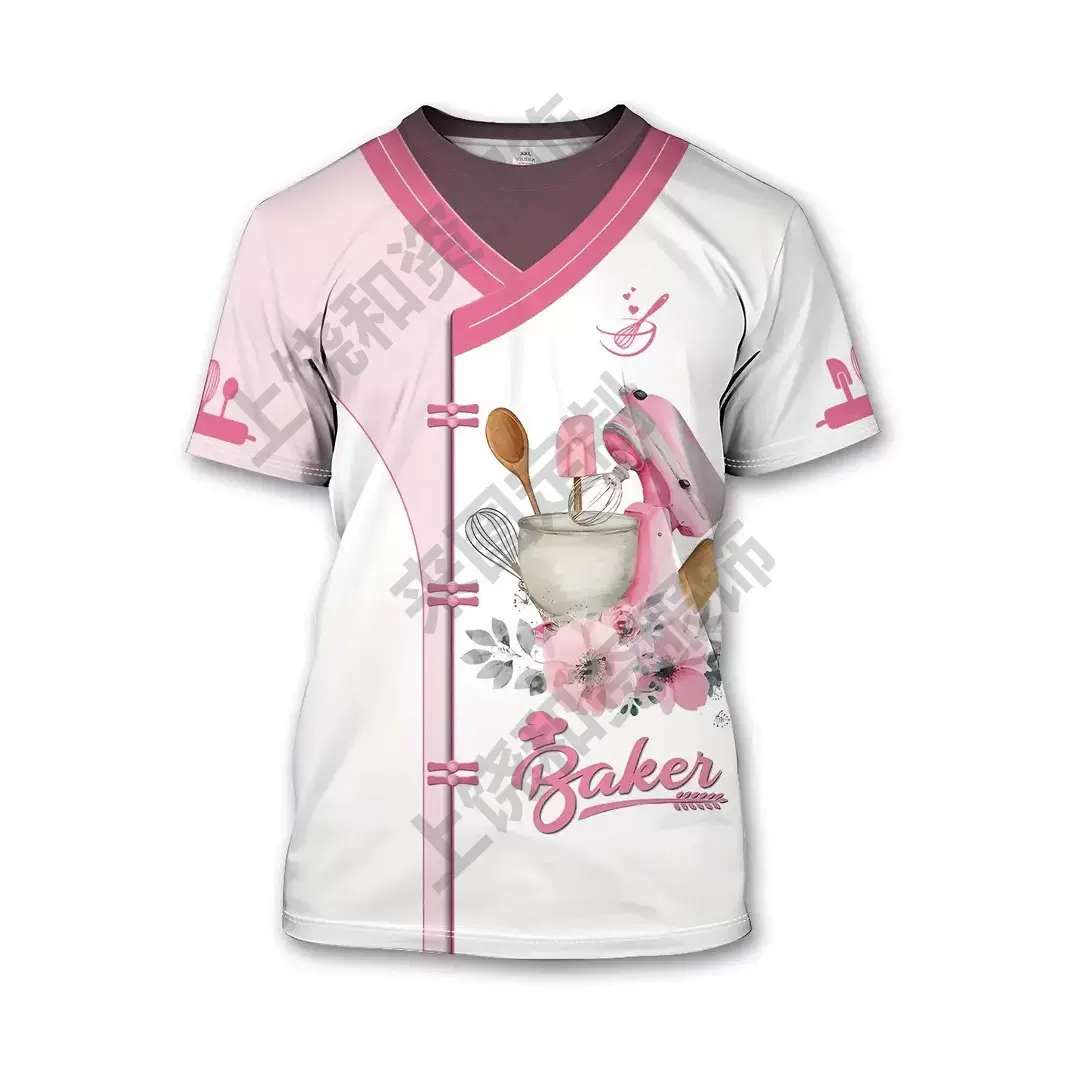 跨境外贸TEMU新款女士工作服厨师服短袖夏季休闲印花T恤时尚上衣