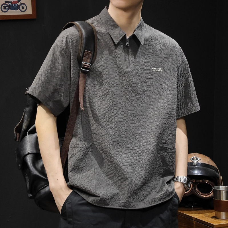 Summer New Men's plus size Zipper Polo Sugiyama Men's Short-sleeved T-shirt Trendy Loose Fashion Ice Silk Quick-drying Half-sleeved