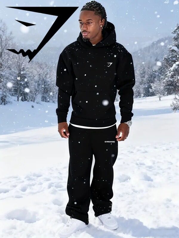 Gymshark Autumn and Winter Men's Warm Hooded Suit Casual Streetwear Trendy Pullover Sweatshirt and Long Pants for Sports and Fitness