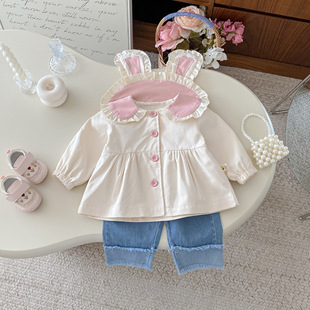 Girls' Outwears, Autumn Style, Cute Bunny Ears Windbreaker for Baby Girls, Small Month-Old Princess Style Cotton Tops and Jackets