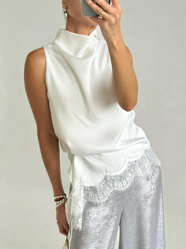 Áo hai dây cổ cao viền ren vai trần dáng bất đối xứng chất liệu satin mềm mại — Màu trắng chi tiết 20