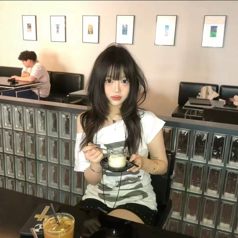 26Scu* Summer New Korean Style Niche Letter Print Loose Fit Off-Shoulder Short-Sleeve T-Shirt Top for Women 26Scu* Summer New Korean Style Niche Letter Print Loose Fit Off-Shoulder Short-Sleeve T-Shirt Top for Women