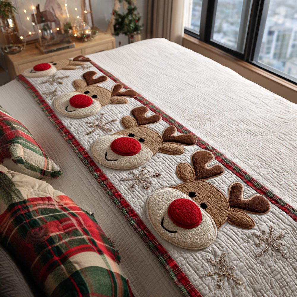 Exclusive cross-border supply of Christmas-themed deer pattern quilted bed runner, digitally printed, suitable for all seasons, direct from the manufacturer