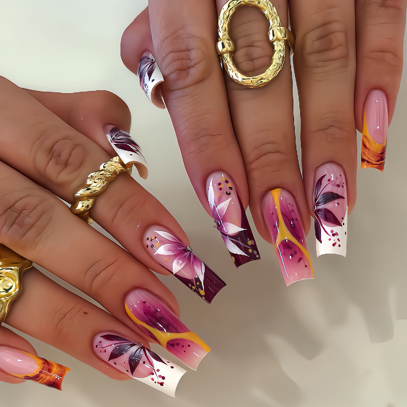 European and American style, 24-piece handmade nail tips, tropical floral design, long tube-shaped nail art, versatile and easy-to-wear, wholesale European and American style, 24-piece handmade nail tips, tropical floral design, long tube-shaped nail art, versatile and easy-to-wear, wholesale