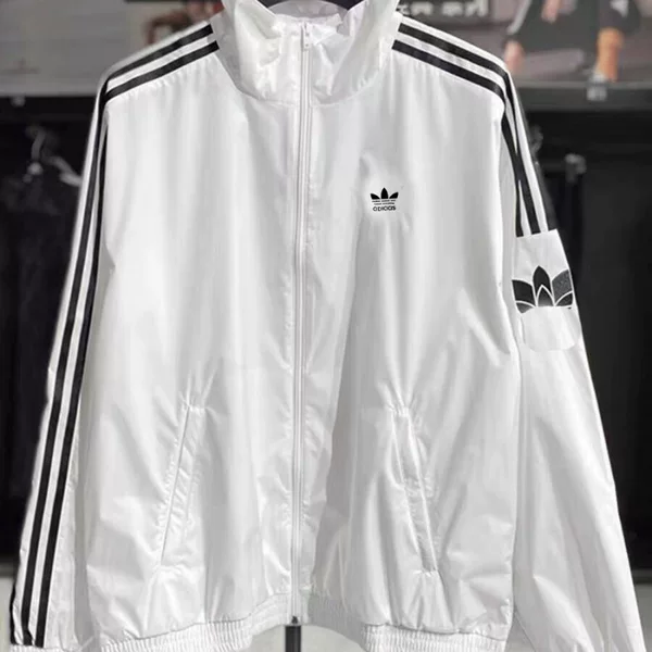Clover Embroidery Windbreaker Unisex Summer Thin Jacket Stand Collar Loose Cardigan with Three Stripes