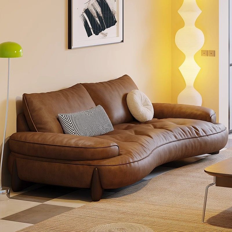 Italian Minimalist Curved Sofa Marshmallow Cloud Size Three-Person Living Room Simple Retro Style Leather Sofa