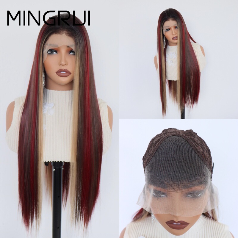 Cross-Border Women's Lace Front Wig, Mixed Color Long Straight Hair, Synthetic Fiber, High-Temperature Silk, Cos Full Head Wig, Factory Direct