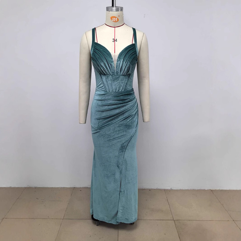 2025 New Gold Velvet Suspender Long Skirt, Elegant Lady Light Luxury Evening Dress 2025 Summer Sexy Floor-Length Skirt