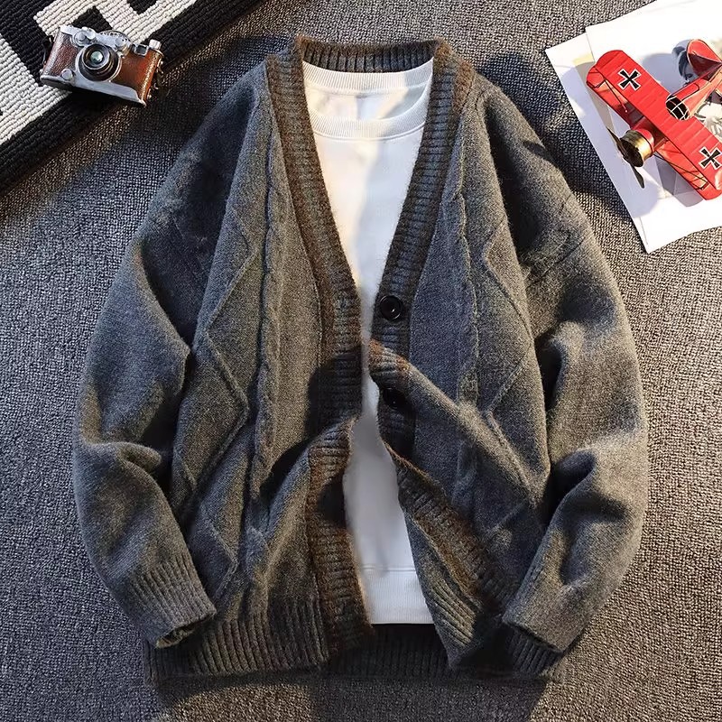 2025 otoño y invierno nuevo pequeño jacquard cornisa de moda cardigan suéter hombre moda casual versátil suelto color contrastante