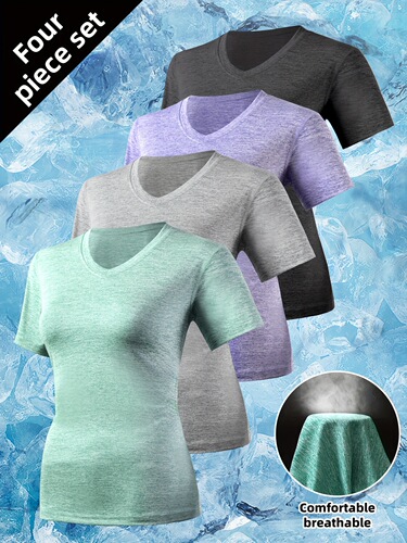Cross-border Amazon hot sales summer sports short-sleeved women's figure-fitting quick-drying breathable T-shirt V-neck running outdoor Europe and America
