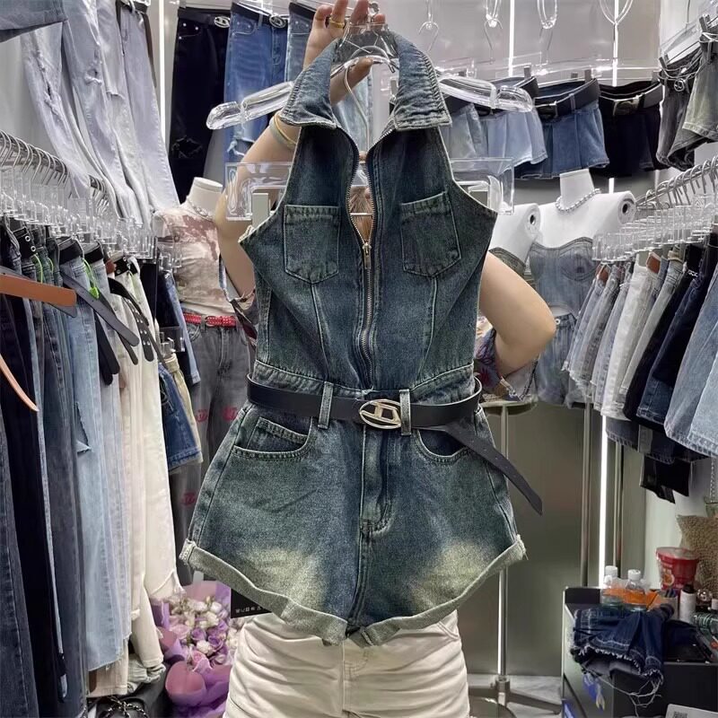 Hong Kong Style Retro Distressed Niche Sleeveless Halter Neck Denim Jumpsuit with a Spicy Girl Vibe, Backless and Waist-Cinching Shorts