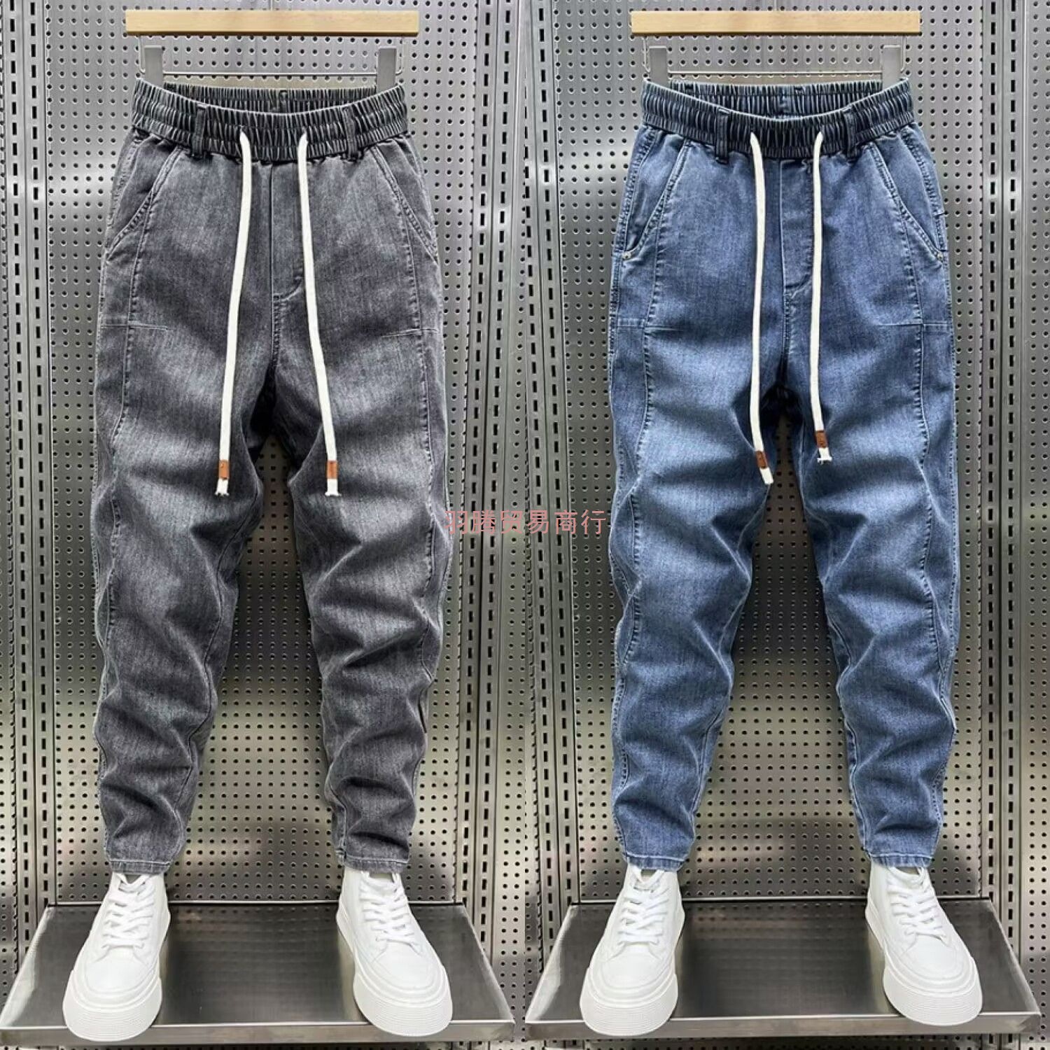 男士大码牛仔裤加绒加厚秋冬季弹力松紧宽松哈伦裤潮流休闲萝卜裤