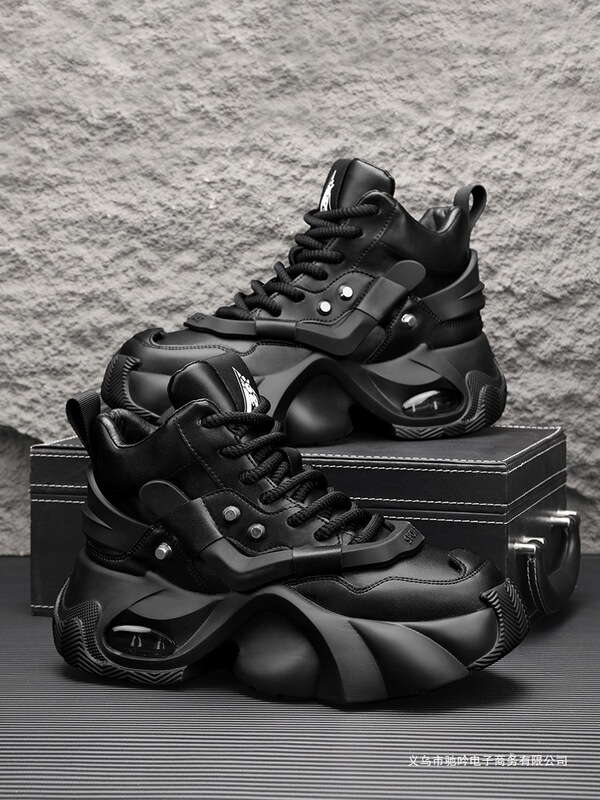 Cos Invisible Inner Height Increase 12cm 10cm 8 Men's Versatile Thick-Soled Dad Shoes Pure Black Warrior Rivet High-Top Trendy Shoes
