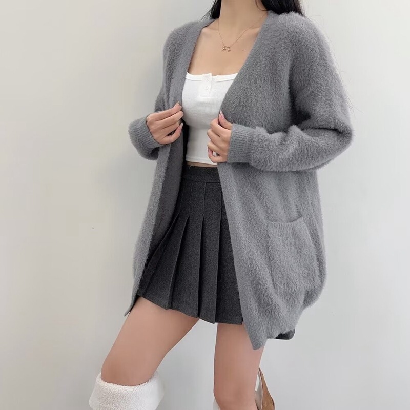 慵懒风仿水貂绒毛衣外套女秋冬日韩宽松大版口袋V领针织开衫女|undefined