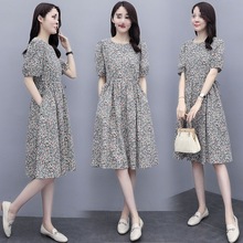 棉布碎花连衣裙女2025夏新款收腰遮肚中长款减龄休闲半袖薄裙子