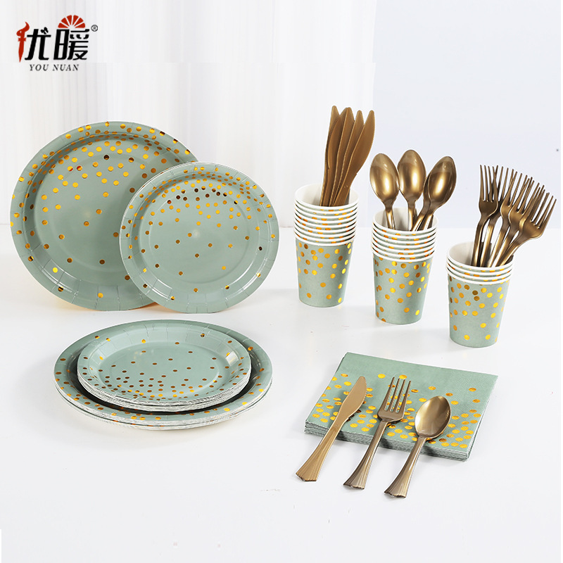 Spot New Sage Bronzing Paper Plate Paper Cup Party Tableware Set Disposable Tableware for 10 People