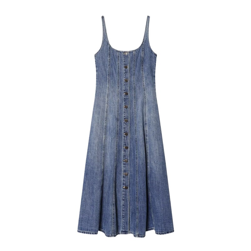 Cross-border wholesale women's clothing new vintage style front-button suspender denim dress 1337740 Cross-border wholesale women's clothing new vintage style front-button suspender denim dress 1337740