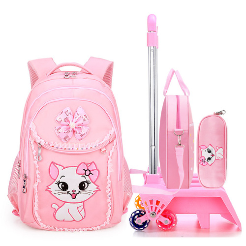 New upgraded children's trolley schoolbag female primary school students 1-3-6 grades 6-9-12 years old three-piece backpack