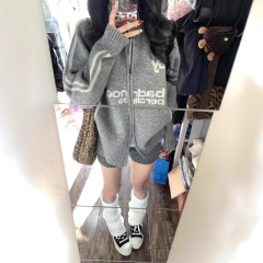 oversize！棒球风翻领拉链毛衣开衫女外套秋装新款韩版宽松针织衫