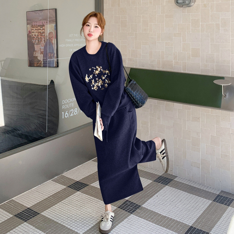 实拍气质撞色刺绣卫衣套装女秋季韩系氛围感休闲半身裙淡人两件套|undefined