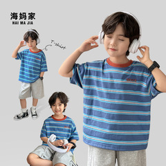 男の子用韓国風純綿ストライプ半袖Tシャツ、おしゃれな子供服、海ママの2026年夏新作、中・大児向け