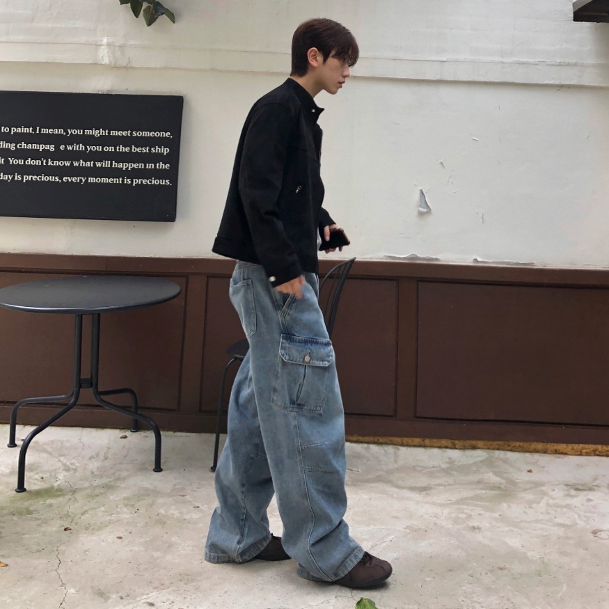 MYQ Men's Retro Washed Workwear Jeans Cleanfit Straight Leg Wide Leg Pants Mid Waist Cotton Autumn Commuter Jeans_mkmklike.com