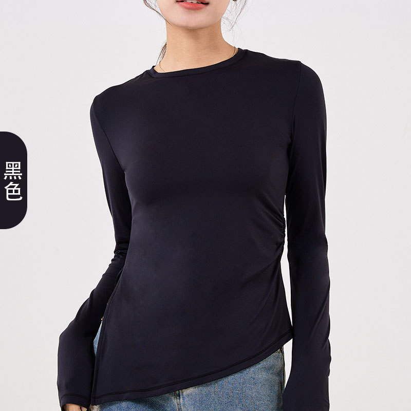 Primavera y verano nueva yoga de doble capa nube camisa suave de las mujeres cuello redondo dividido apretado deportes fitness superior desgaste exterior camisa de fondo