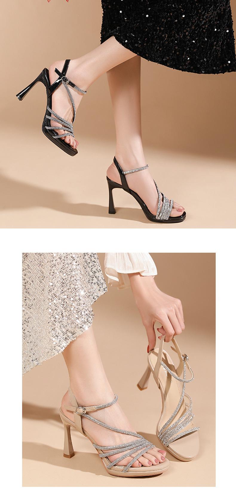 Sandal cao gót nữ mũi nhọn quai ngang đính đá, gót 9 cm, đế platform — Màu nude-9cm chi tiết 6