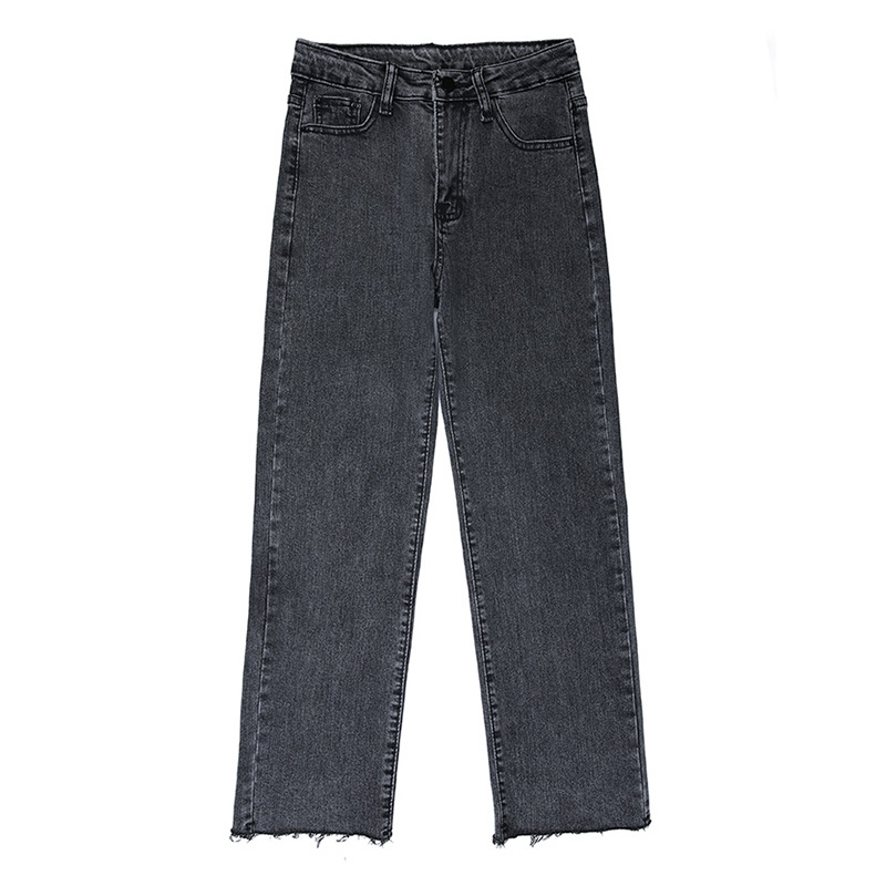Black and Gray Straight-Leg Jeans for Women, 2026 Spring New Style, Petite High-Waisted Slimming Cropped Frayed Hem Cigarette Pants