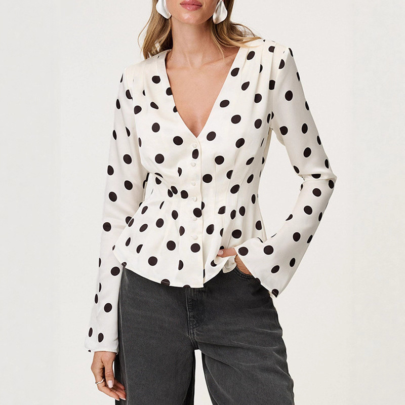 Foreign Trade Fashionable Polka Dot Women's Tops Cross-Border Sexy Sexy V Neck Pleated Slim Cardigan T-Shirt Wholesale